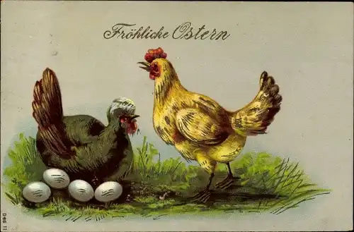 Präge Litho Glückwunsch Ostern, Brütendes Huhn, Eier, Hahn