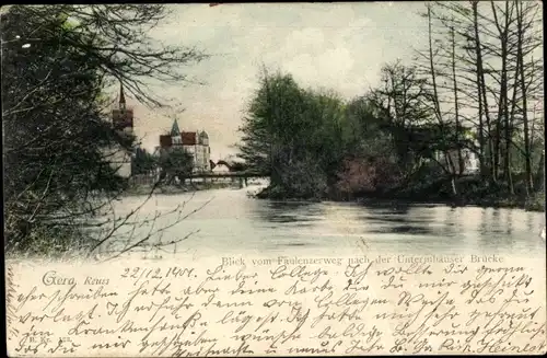 Ak Gera in Thüringen, Faulenzerweg an der Elster, Untermhäuser Brücke, Kirche