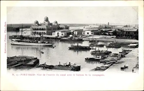 Ak Port Said Ägypten, Blick auf den Kanaleingang mit dem Firmenbüro