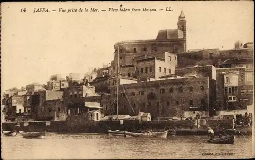 Ak Tel Aviv Jaffa Israel, View taken from the sea, partial view of the city, church