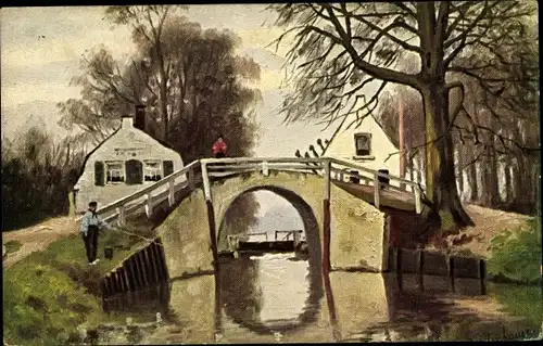 Künstler Ak Gerstenhauer, J. G., Niederländisches Dorfmotiv, Kanal, Brücke