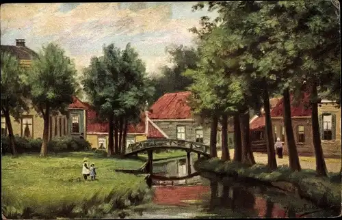 Künstler Ak Gerstenhauer, J. G., Niederländisches Dorfmotiv, Kanal, Brücke