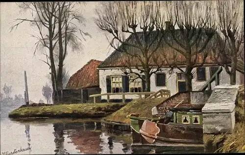 Künstler Ak Gerstenhauer, J. G., niederländisches Motiv, Wohnhaus am Wasser, Boot
