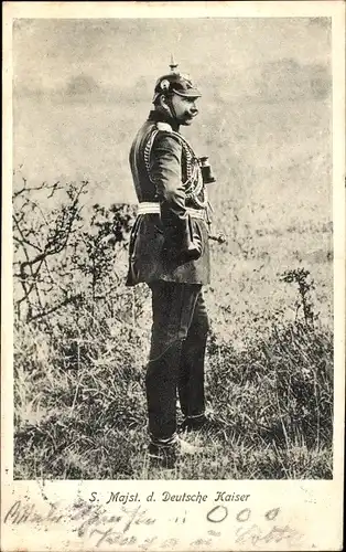 Ak Kaiser Wilhelm II. im Feld, Uniform, Pickelhaube, Feldstecher, Orden