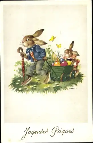 Künstler Ak Nimo, Glückwunsch Ostern, Osterhasen, Karren, Ostereier, Schmetterlinge