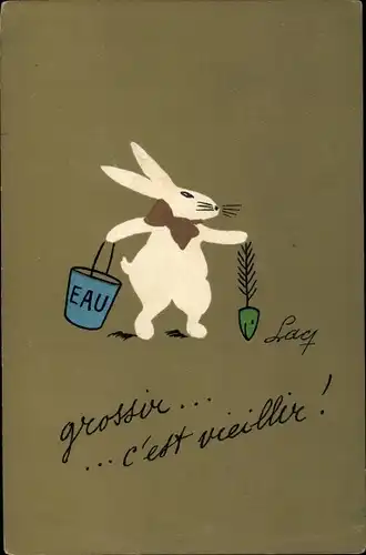 Künstler Ak Weißer Hase mit Fischskelett, Eimer