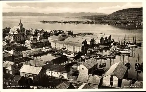 Ak Hammerfest Norwegen, Hafen, Panorama vom Ort