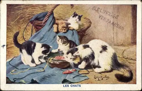 Künstler Ak Huber, Leon, Katzen am Fressnapf