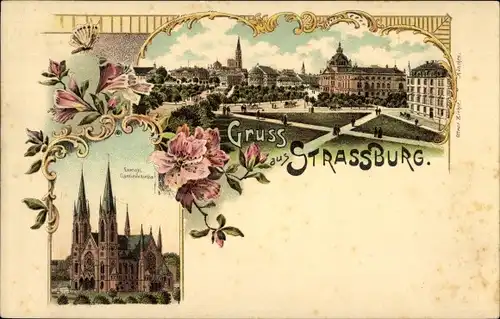 Litho Strasbourg Straßburg Elsass Bas Rhin, Gesamtansicht, Kirche