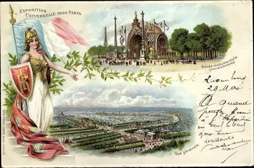 Litho Paris, Weltausstellung 1900, monumentaler Eingang, Place de la Concorde