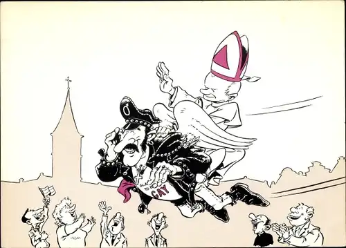 Künstler Ak Niederlande, Politische Karikatur, Papst fliegt auf einem Homosexuellen davon