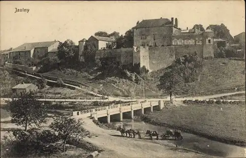 Ak Jaulny Meurthe et Moselle, Gesamtansicht, Brücke, Pferde