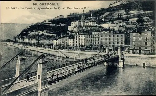 Ak Grenoble Isère, Isere, Hängebrücke, Quai Perriere