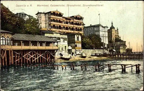 Ak Sassnitz auf der Insel Rügen, Warmbad, Ostseehotel, Strandhotel, Strandkonditorei