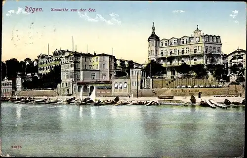 Ak Sassnitz auf der Insel Rügen, Hotel Restaurant, Bootshafen, Strand