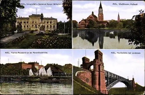 Ak Kiel, Universität, Denkmal Kaiser-Wilhelm I., Stadttheater, Rathaus, Hochbrücke Levensau