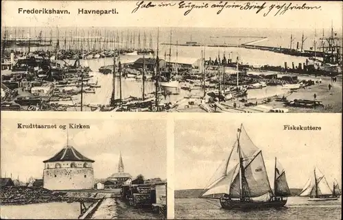 Ak Frederikshavn Dänemark, Hafenpartie, Pulverturm, Fischkutter