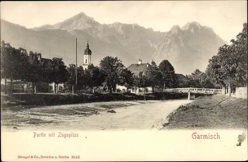 Ak Garmisch Partenkirchen in Oberbayern, Teilansicht, Zugspitze, Kirchturm