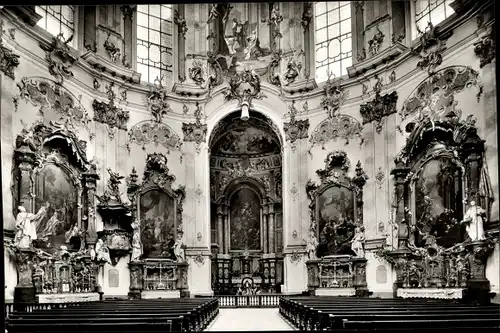 Ak Ettal Oberbayern, Kloster, Benediktinerabtei, Altäre, Holzplastiken