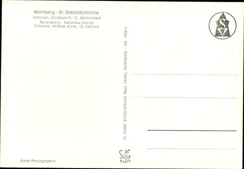 Ak Nürnberg in Mittelfranken, St. Sebalduskirche, Tritarien, Mittelschiff, 13. Jahrhundert