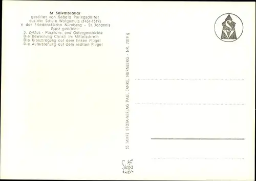 Ak Nürnberg in Mittelfranken, Friedenskirche, St. Johannis, St. Salvatoraltar, Sebald Peringsdörfer