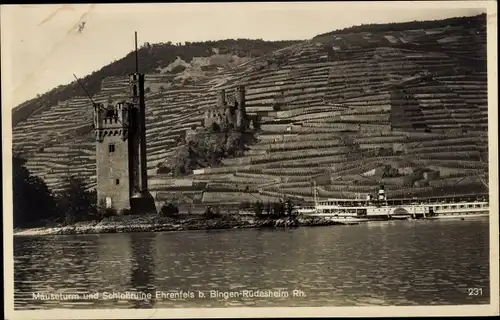 Ak Bingerbrück Bingen am Rhein, Mäuseturm, Schlossruine Ehrenfels, Dampfer