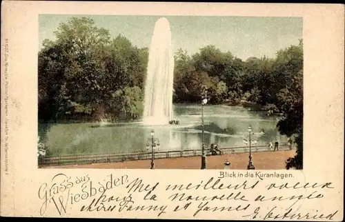 Ak Wiesbaden in Hessen, Kuranlagen, Wasserfontäne