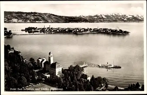 Ak Bad Schachen Lindau am Bodensee Schwaben, Hotel Bad Schachen, Panorama, Dampfer