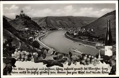 Ak Cochem an der Mosel, Panorama, Dampfer, Reichsburg, Weinflasche