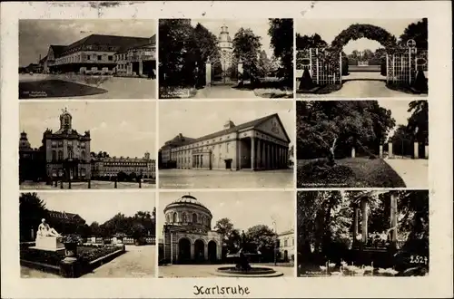 Ak Karlsruhe in Baden, Teilansichten, Torbogen, Denkmal, Schloss