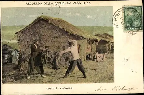 Ak Argentinien, Duelo á la Criolla, Duell, Bauern, Lehmhütte