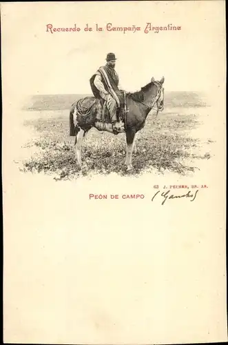 Ak Argentinien, Péon de Campo, Gaucho auf Pferd sitzend