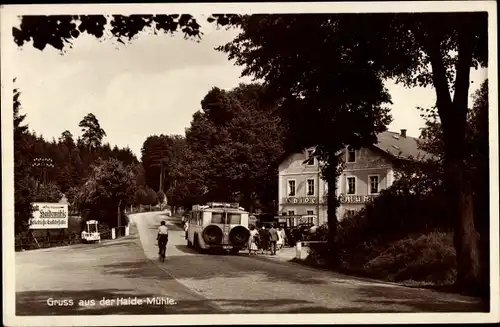 Ak Dresden Langebrück, Dresdner Heide, Heidemühle, Haidemühle, Autobus