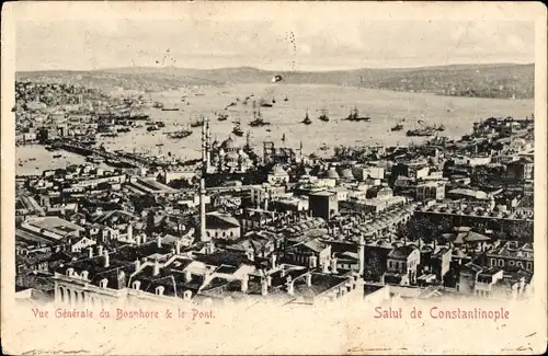 Ak Konstantinopel Istanbul Türkei, Gesamtansicht, Bosporus, Brücke