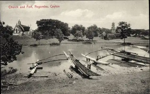 Ak Negombo Ceylon Sri Lanka, Church, Fort, Auslegerkanus