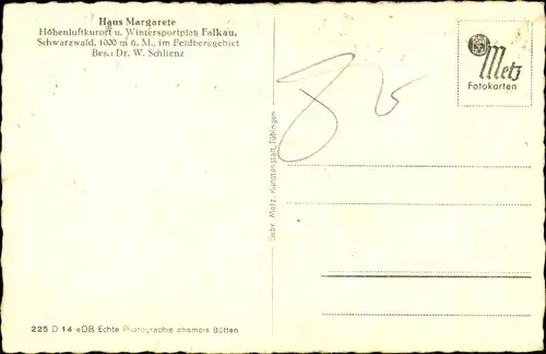 Ak Falkau Feldberg in Baden Württemberg, Blick auf Haus Margarete, Inh. Dr. W. Schlienz