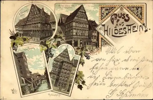 Litho Hildesheim in Niedersachsen, Rolandstift, Klein Venedig, altes Haus am Andreasplatz