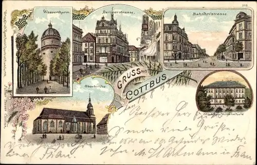 Litho Cottbus in der Niederlausitz, Wasserturm, Berliner Straße, Bahnhofstraße, Oberkirche