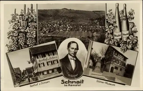 Ak Schnait Weinstadt in Württemberg, Gesamtansicht, Gasthof zum Ochsen, Fr. Silcher, Museum