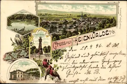 Litho Bad Freienwalde an der Oder, Kriegerdenkmal, Kurhaus, Baa See