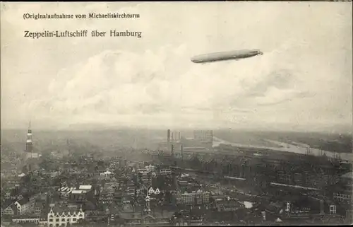 Ak Hamburg, Gesamtansicht, Zeppelin-Luftschiff