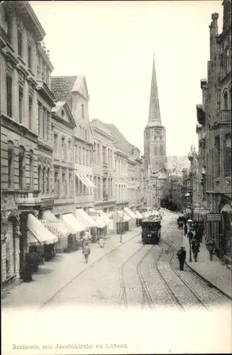 Ak Hansestadt Lübeck, Breite Straße, Jacobikirche, Straßenbahn