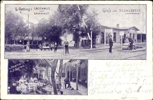 Ak Neukloster Buxtehude im Kreis Stade, Gasthaus zum Bahnhof, Bahnübergang, Garten