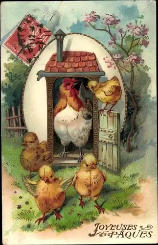 Ak Glückwunsch Ostern, Küken, Henne, Osterei-Haus, Blühender Baum