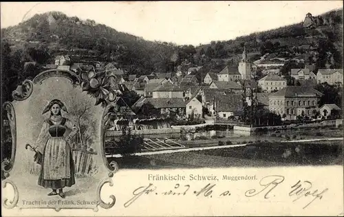 Ak Muggendorf Wiesenttal Fränkische Schweiz, Totale, Frau in Tracht