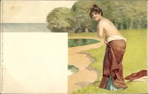 Litho Junge Frau zieht sich am Strand aus, Frauenakt, Rückansicht