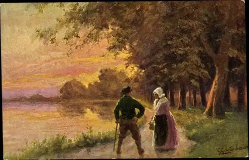 Künstler Ak Gerstenhauer, J. G., niederländisches Motiv, Paar auf einem Uferweg, Dämmerung