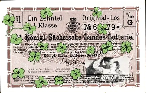 Ak Königlich Sächsische Landes-Lotterie, Original-Los, Liebespaar, Glücksklee