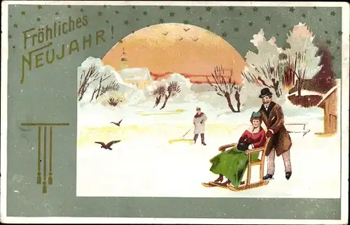 Ak Glückwunsch Neujahr, Liebespaar, Eislauf, Schnee