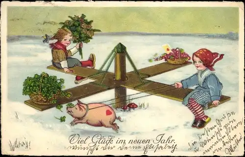 Ak Glückwunsch Neujahr, Mädchen auf einem Karussell, Schwein, Kleeblätter